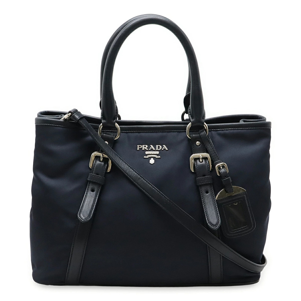 Prada Handbag Tote Bag Shoulder Leather Blue Navy Blue